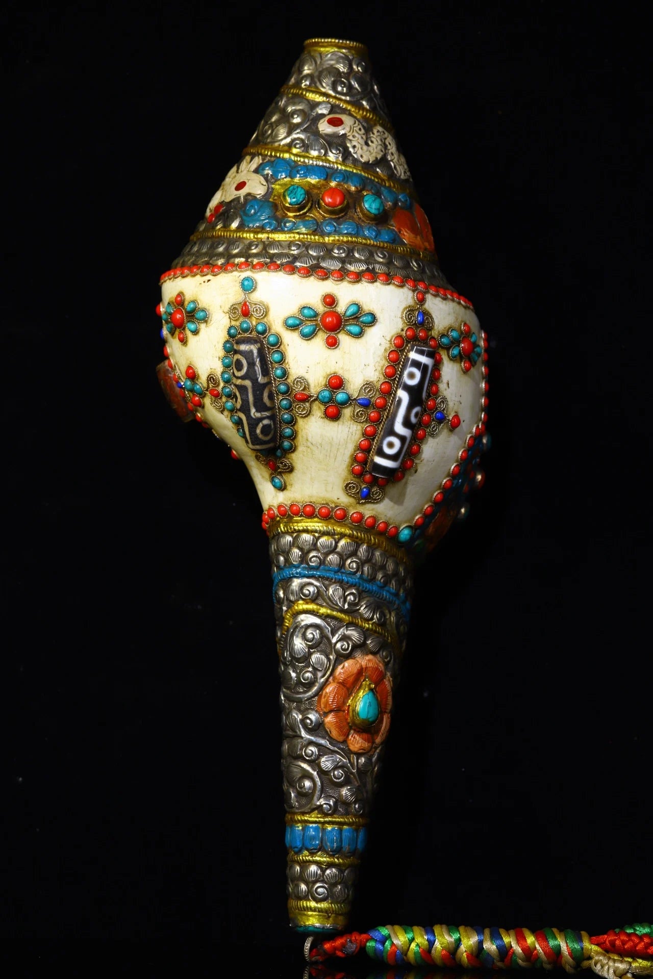13" Tibetan Temple Collection Old natural conch painted Mosaic Gem Dzi Beads serpentine Dharma screw Amulet Town house Exorcism