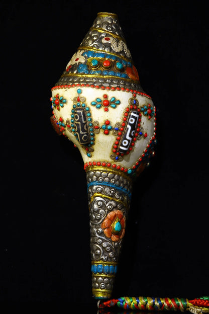 13" Tibetan Temple Collection Old natural conch painted Mosaic Gem Dzi Beads serpentine Dharma screw Amulet Town house Exorcism