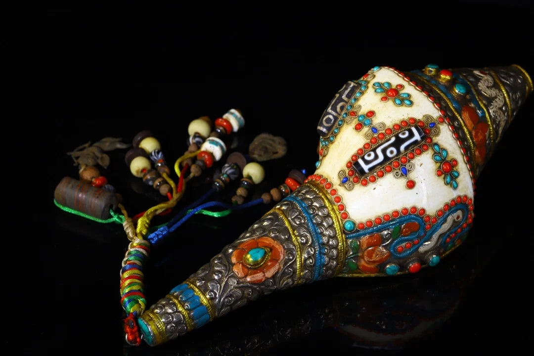13" Tibetan Temple Collection Old natural conch painted Mosaic Gem Dzi Beads serpentine Dharma screw Amulet Town house Exorcism