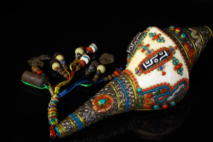 13" Tibetan Temple Collection Old natural conch painted Mosaic Gem Dzi Beads serpentine Dharma screw Amulet Town house Exorcism