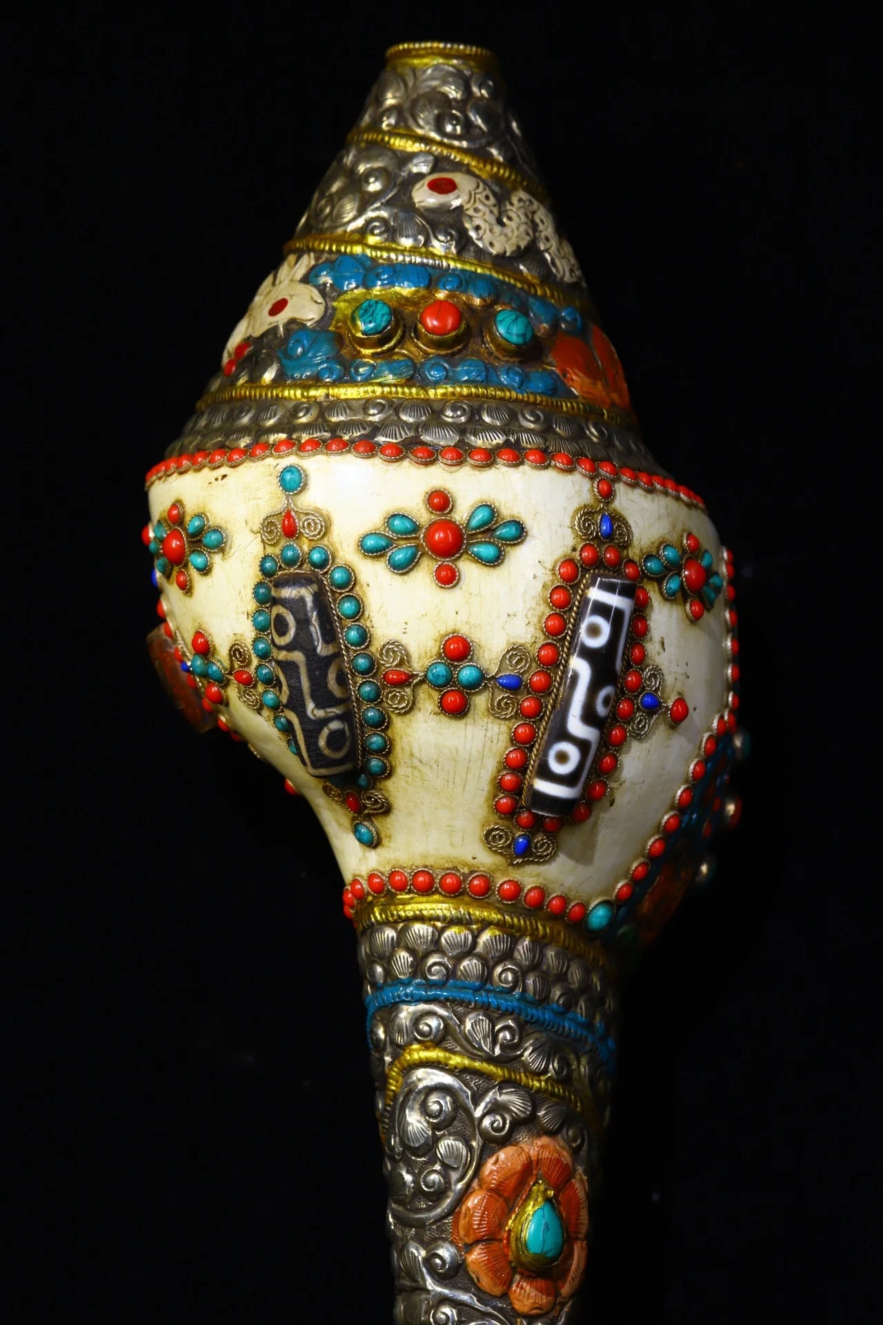13" Tibetan Temple Collection Old natural conch painted Mosaic Gem Dzi Beads serpentine Dharma screw Amulet Town house Exorcism
