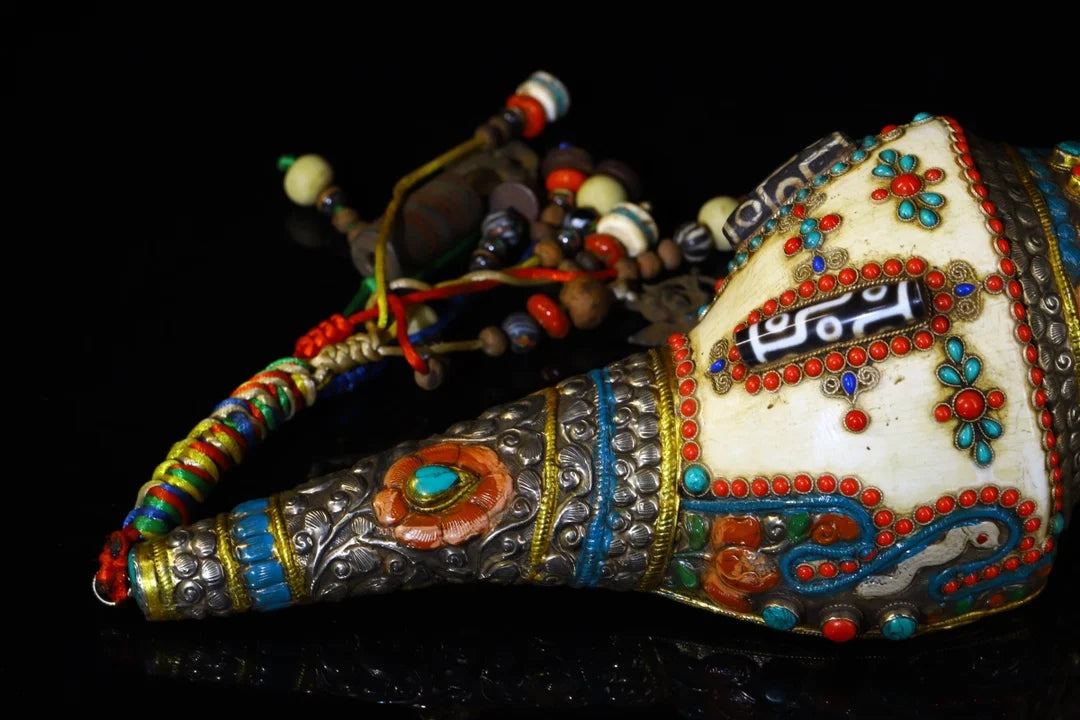 13" Tibetan Temple Collection Old natural conch painted Mosaic Gem Dzi Beads serpentine Dharma screw Amulet Town house Exorcism