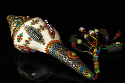 13" Tibetan Temple Collection Old natural conch painted Mosaic Gem Dzi Beads serpentine Dharma screw Amulet Town house Exorcism