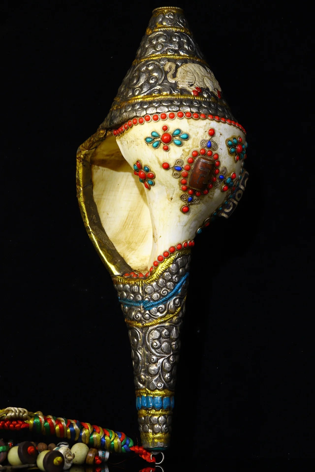 13" Tibetan Temple Collection Old natural conch painted Mosaic Gem Dzi Beads serpentine Dharma screw Amulet Town house Exorcism