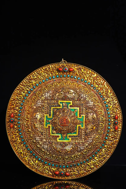 13"Tibetan Temple Collection Tibetan silver filigree Gilt gem Shakyamuni Auspicious Eight Treasures Vajra thangka Town house