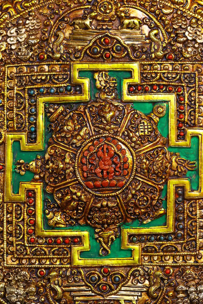 13"Tibetan Temple Collection Tibetan silver filigree Gilt gem Shakyamuni Auspicious Eight Treasures Vajra thangka Town house