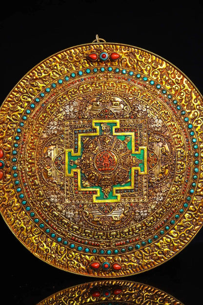 13"Tibetan Temple Collection Tibetan silver filigree Gilt gem Shakyamuni Auspicious Eight Treasures Vajra thangka Town house
