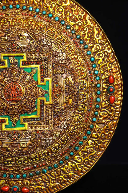 13"Tibetan Temple Collection Tibetan silver filigree Gilt gem Shakyamuni Auspicious Eight Treasures Vajra thangka Town house