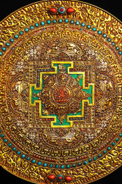 13"Tibetan Temple Collection Tibetan silver filigree Gilt gem Shakyamuni Auspicious Eight Treasures Vajra thangka Town house