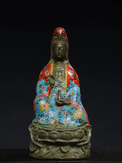 13"Tibetan Temple Old Bronze Cinnabar Cloisonne Ename Jingping Guanyin Bodhisattva Buddha Worship Hall Town house