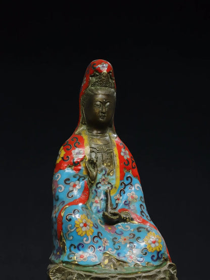 13"Tibetan Temple Old Bronze Cinnabar Cloisonne Ename Jingping Guanyin Bodhisattva Buddha Worship Hall Town house