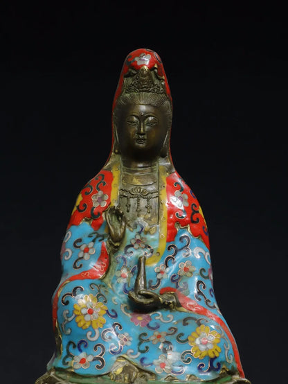 13"Tibetan Temple Old Bronze Cinnabar Cloisonne Ename Jingping Guanyin Bodhisattva Buddha Worship Hall Town house