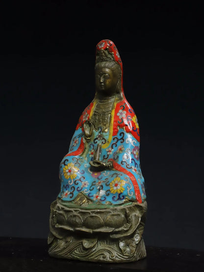 13"Tibetan Temple Old Bronze Cinnabar Cloisonne Ename Jingping Guanyin Bodhisattva Buddha Worship Hall Town house