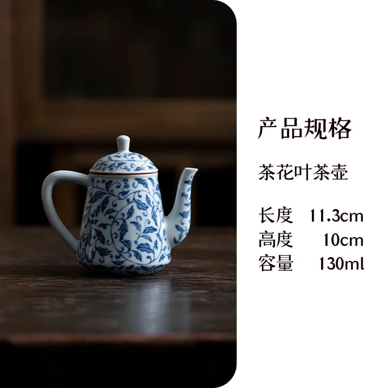 130ml Antique Blue and White Teapot Luxury Camellia Leaf Art Pot Household Tea Brewing Kettle Tea Ceremony Supplies Decoration