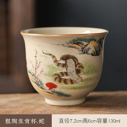 130ml Coarse Pottery Tea Ware Chinese Zodiac Tea Cup Dragon Large Capacity Master Cup Chinese Kungfu Tea Set for Pu'er Tea