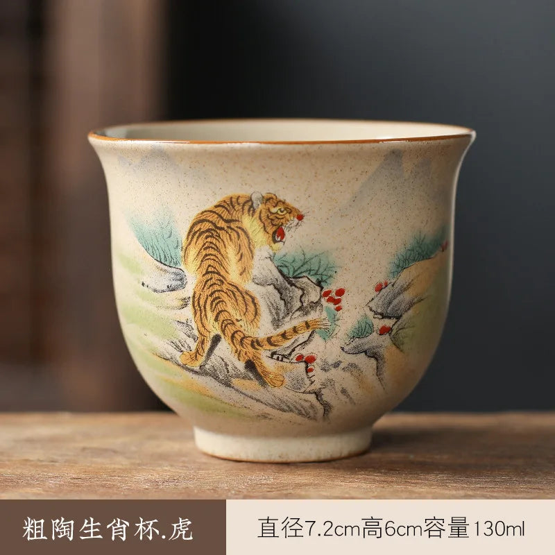 130ml Coarse Pottery Tea Ware Chinese Zodiac Tea Cup Dragon Large Capacity Master Cup Chinese Kungfu Tea Set for Pu'er Tea