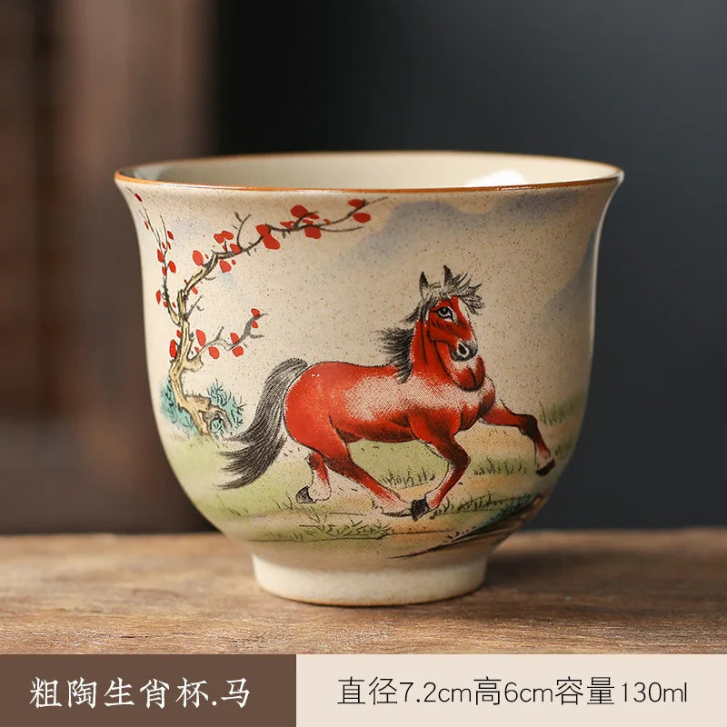 130ml Coarse Pottery Tea Ware Chinese Zodiac Tea Cup Dragon Large Capacity Master Cup Chinese Kungfu Tea Set for Pu'er Tea