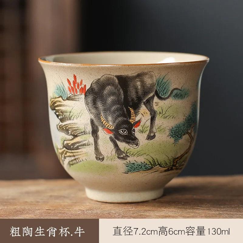 130ml Coarse Pottery Tea Ware Chinese Zodiac Tea Cup Dragon Large Capacity Master Cup Chinese Kungfu Tea Set for Pu'er Tea