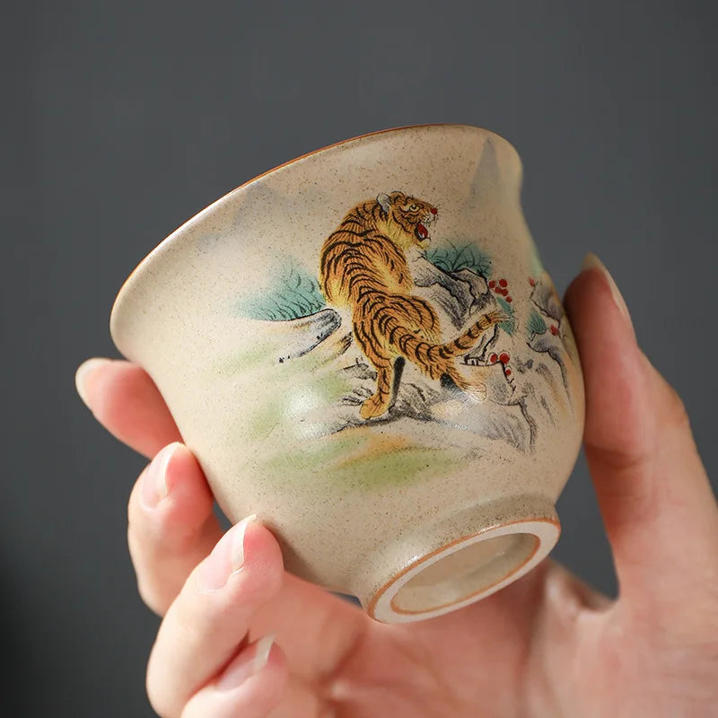 130ml Coarse Pottery Tea Ware Chinese Zodiac Tea Cup Dragon Large Capacity Master Cup Chinese Kungfu Tea Set for Pu'er Tea