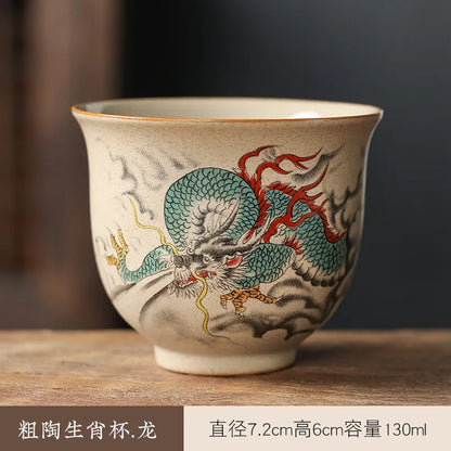 130ml Coarse Pottery Tea Ware Chinese Zodiac Tea Cup Dragon Large Capacity Master Cup Chinese Kungfu Tea Set for Pu'er Tea