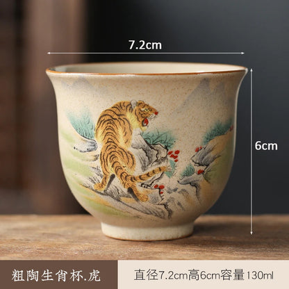 130ml Coarse Pottery Tea Ware Chinese Zodiac Tea Cup Dragon Large Capacity Master Cup Chinese Kungfu Tea Set for Pu'er Tea