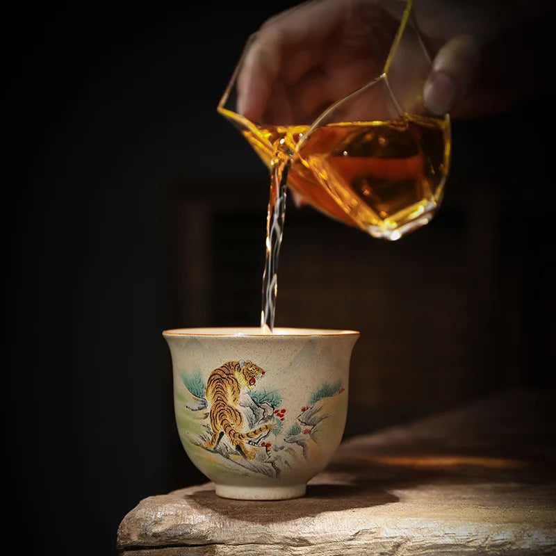 130ml Coarse Pottery Tea Ware Chinese Zodiac Tea Cup Dragon Large Capacity Master Cup Chinese Kungfu Tea Set for Pu'er Tea