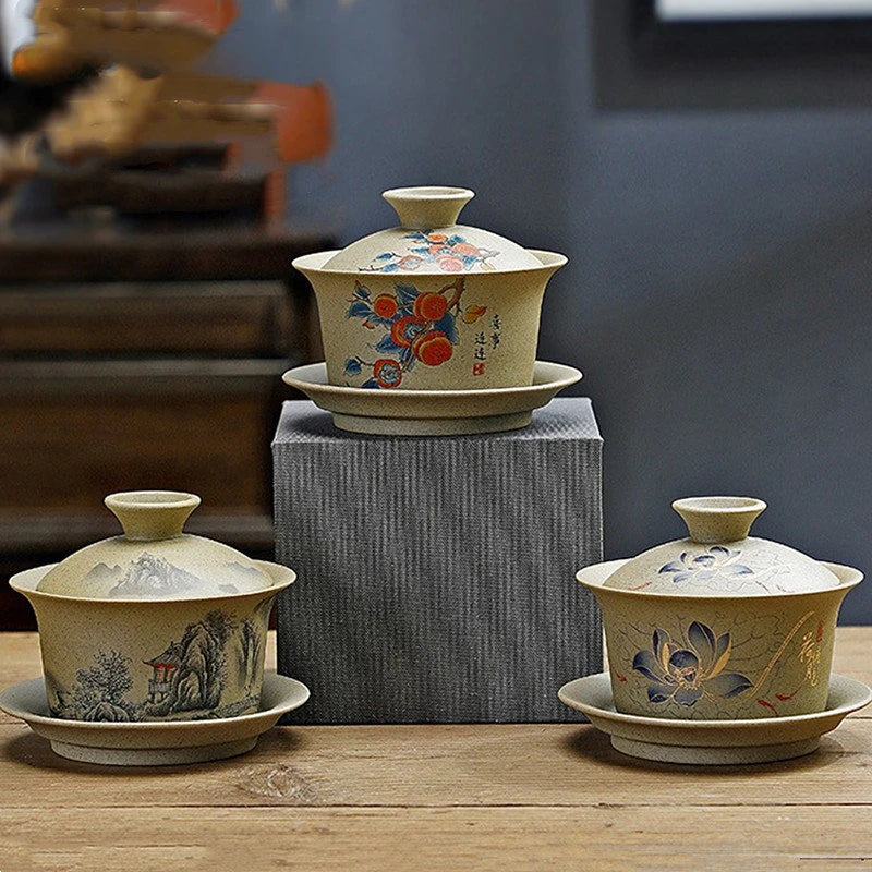 130ml Customized Coarse Pottery Gaiwan Antique Ceramic Tea Infuser Portable Beauty Tea Set Chinese with Lid Teacup Tea Bowl