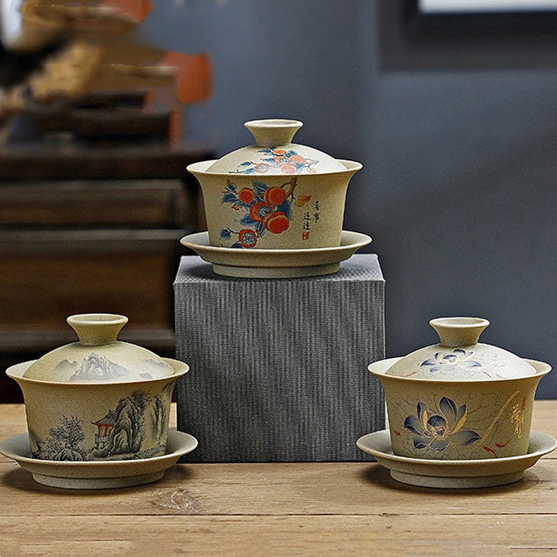 130ml Customized Coarse Pottery Gaiwan Antique Ceramic Tea Infuser Portable Beauty Tea Set Chinese with Lid Teacup Tea Bowl