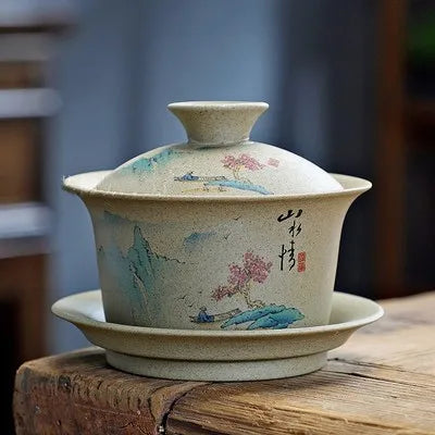 130ml Customized Coarse Pottery Gaiwan Antique Ceramic Tea Infuser Portable Beauty Tea Set Chinese with Lid Teacup Tea Bowl
