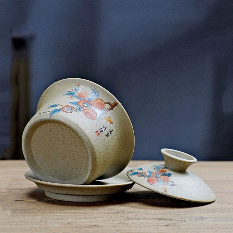 130ml Customized Coarse Pottery Gaiwan Antique Ceramic Tea Infuser Portable Beauty Tea Set Chinese with Lid Teacup Tea Bowl