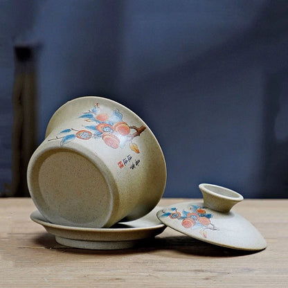 130ml Customized Coarse Pottery Gaiwan Antique Ceramic Tea Infuser Portable Beauty Tea Set Chinese with Lid Teacup Tea Bowl