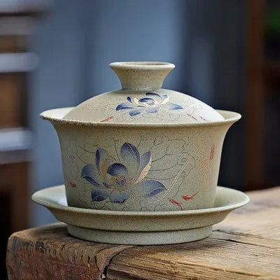 130ml Customized Coarse Pottery Gaiwan Antique Ceramic Tea Infuser Portable Beauty Tea Set Chinese with Lid Teacup Tea Bowl