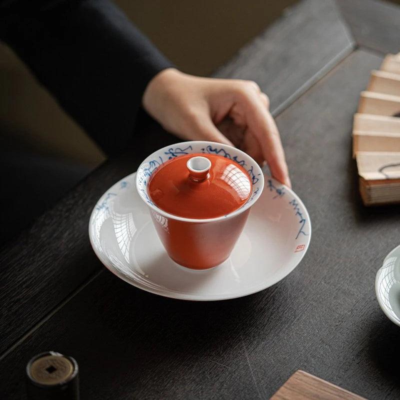 130ml Handwritten Poetry and Prose Ceramic Cover Bowls Chinese  Anti Scalding Tea Bowls with Lid Tea Making Gaiwan Kung Fu Tools