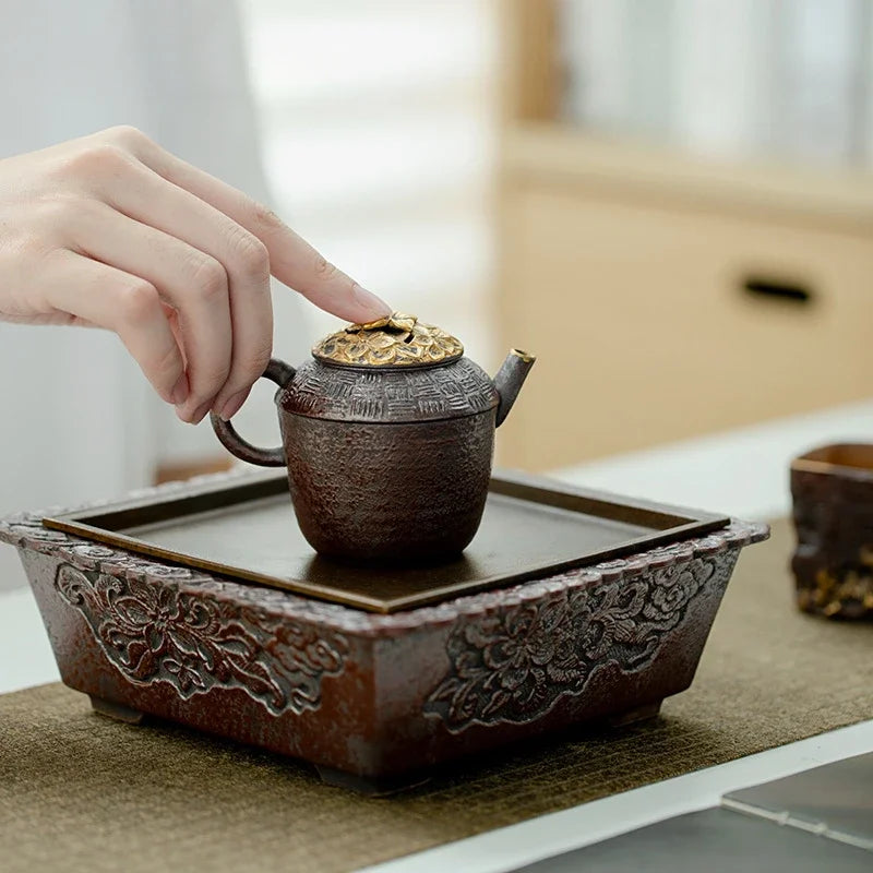 130ml Old Rock Mud Coarse Pottery Tea Pot Creative Rust Red Glaze Pot Zen Tea Making Kettle with Ball Hole Filter Art Collection