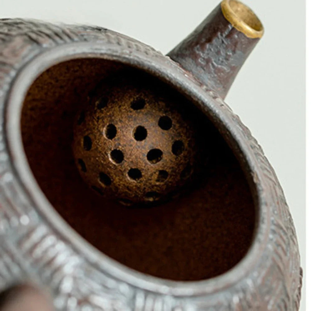 130ml Old Rock Mud Coarse Pottery Tea Pot Creative Rust Red Glaze Pot Zen Tea Making Kettle with Ball Hole Filter Art Collection
