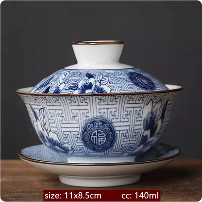 130ml Retro Blue and White Porcelain Gaiwan Chinese Ceramic Tea Bowl Home Tea Infuser Handmade Underglaze Color Tea Set Teacup