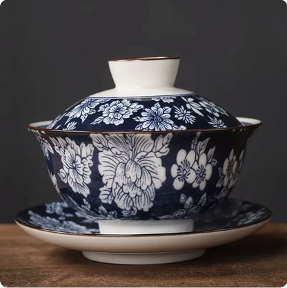 130ml Retro Blue and White Porcelain Gaiwan Chinese Ceramic Tea Bowl Home Tea Infuser Handmade Underglaze Color Tea Set Teacup