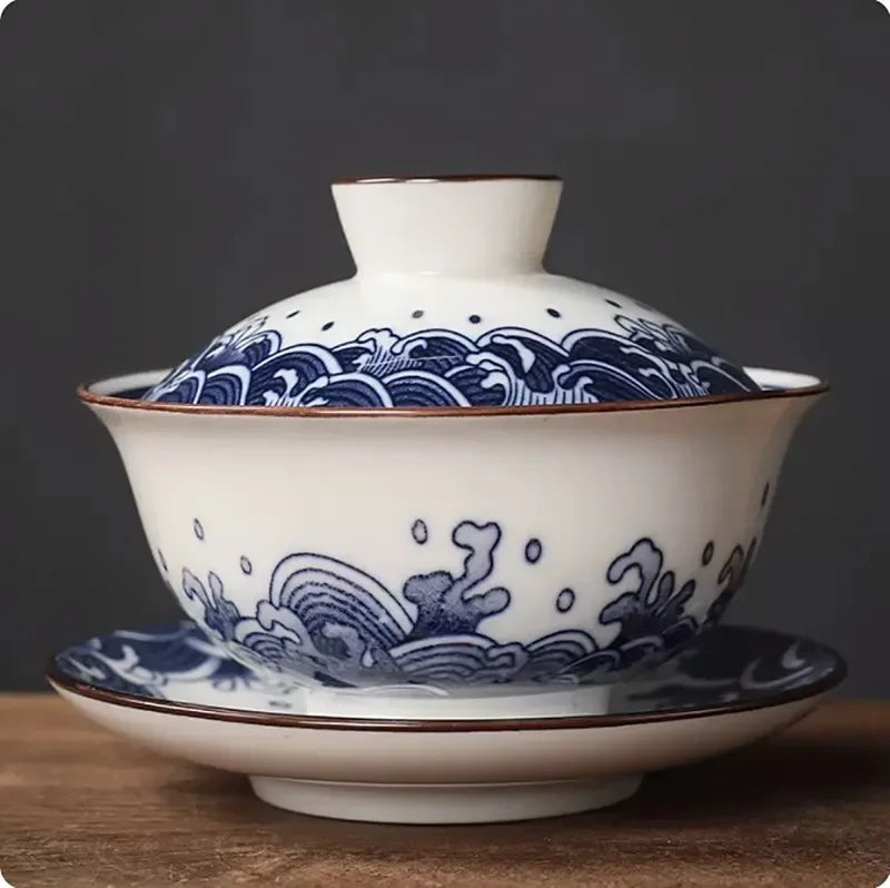 130ml Retro Blue and White Porcelain Gaiwan Chinese Ceramic Tea Bowl Home Tea Infuser Handmade Underglaze Color Tea Set Teacup