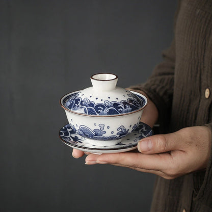 130ml Retro Blue and White Porcelain Gaiwan Chinese Ceramic Tea Bowl Home Tea Infuser Handmade Underglaze Color Tea Set Teacup