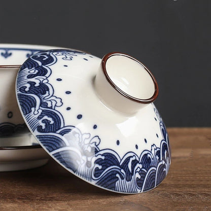 130ml Retro Blue and White Porcelain Gaiwan Chinese Ceramic Tea Bowl Home Tea Infuser Handmade Underglaze Color Tea Set Teacup