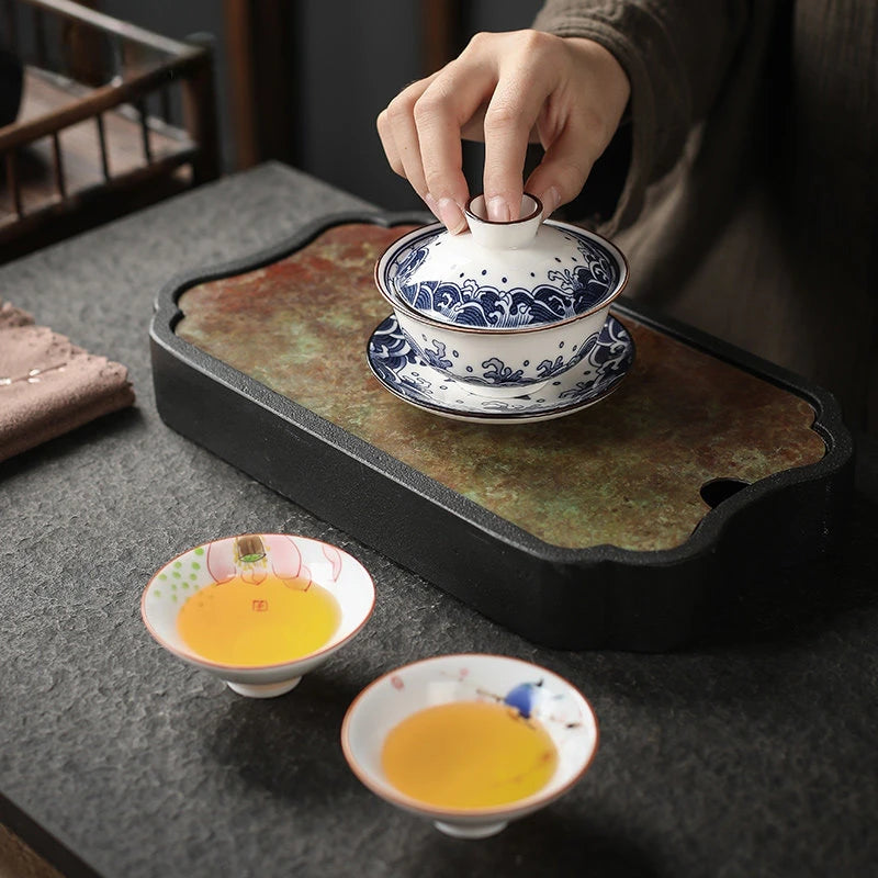 130ml Retro Blue and White Porcelain Gaiwan Chinese Ceramic Tea Bowl Home Tea Infuser Handmade Underglaze Color Tea Set Teacup