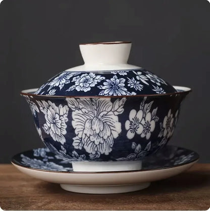 130ml Retro Blue and White Porcelain Gaiwan Chinese Ceramic Tea Bowl Home Tea Infuser Handmade Underglaze Color Tea Set Teacup