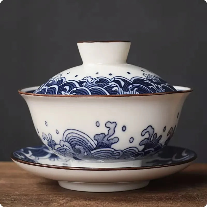 130ml Retro Blue and White Porcelain Gaiwan Chinese Ceramic Tea Bowl Home Tea Infuser Handmade Underglaze Color Tea Set Teacup