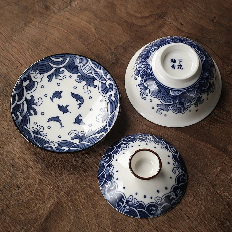 130ml Retro Blue and White Porcelain Gaiwan Chinese Ceramic Tea Bowl Home Tea Infuser Handmade Underglaze Color Tea Set Teacup