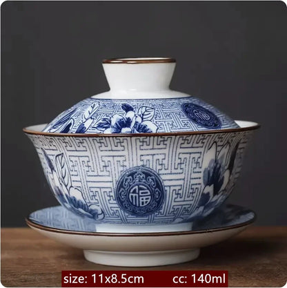 130ml Retro Blue and White Porcelain Gaiwan Chinese Ceramic Tea Bowl Home Tea Infuser Handmade Underglaze Color Tea Set Teacup