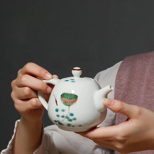 135ml Hand-painted Fish Play with Lotus Teapot Handmade Powder Celadon Pot Tea Making Kettle with Filter Teaware Ceremony Craft