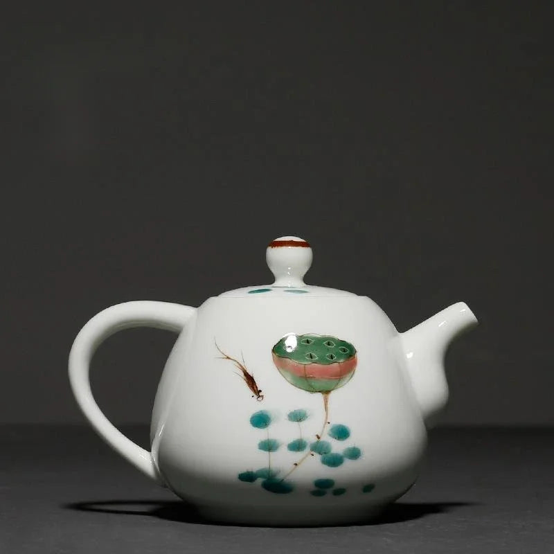 135ml Hand-painted Fish Play with Lotus Teapot Handmade Powder Celadon Pot Tea Making Kettle with Filter Teaware Ceremony Craft