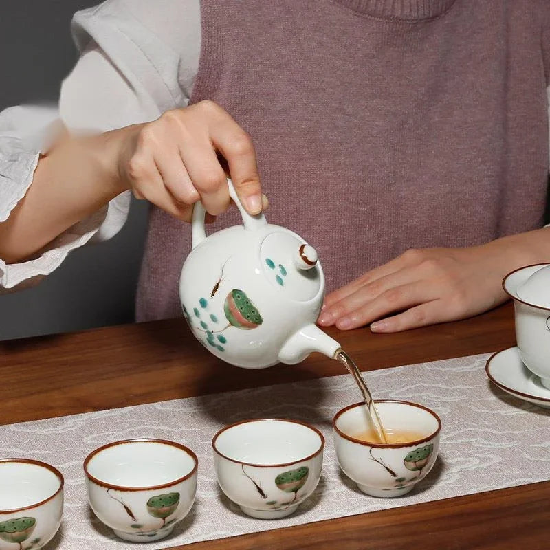 135ml Hand-painted Fish Play with Lotus Teapot Handmade Powder Celadon Pot Tea Making Kettle with Filter Teaware Ceremony Craft