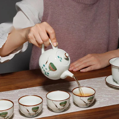 135ml Hand-painted Fish Play with Lotus Teapot Handmade Powder Celadon Pot Tea Making Kettle with Filter Teaware Ceremony Craft