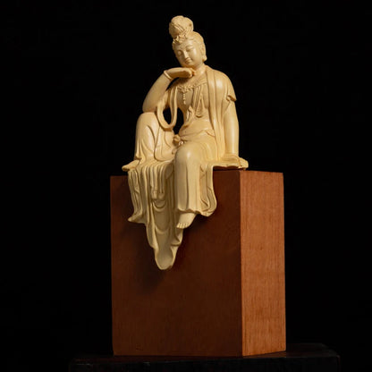13cm Guanyin Bodhisattva Boxwood Carving Buddha Statue Home Decoration Crafts Solid Wood Sculpture Accessories